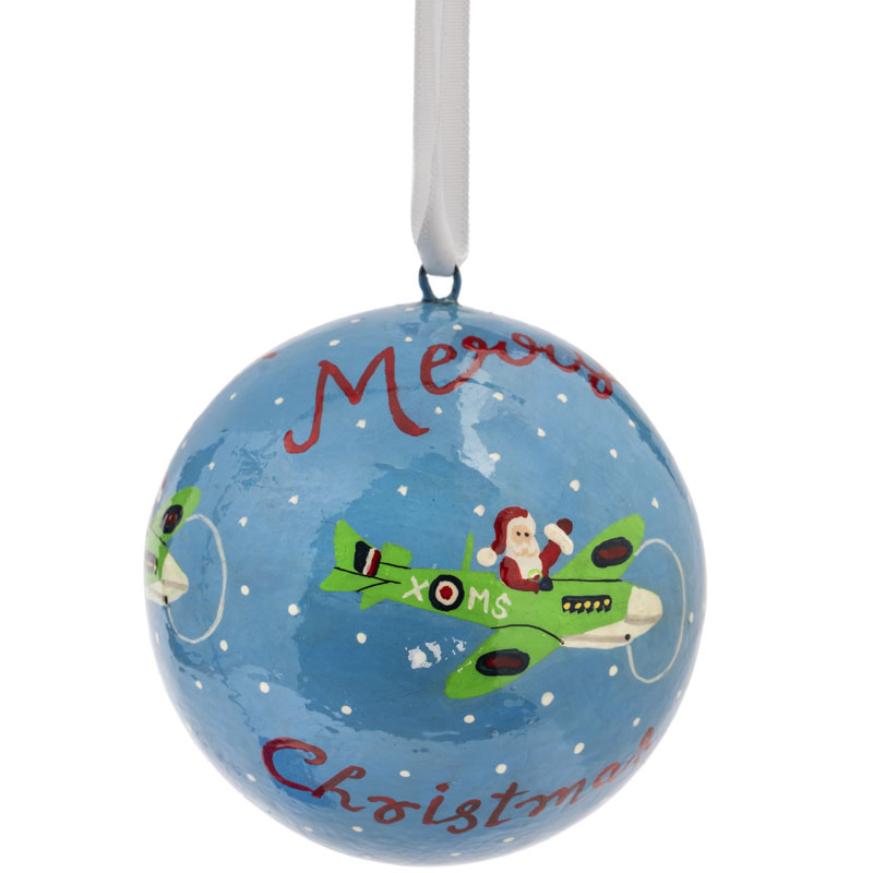 light blue santa in a spitfire recycled handmade painted christmas bauble fairtrade museum ww2 gifts IWM Shop